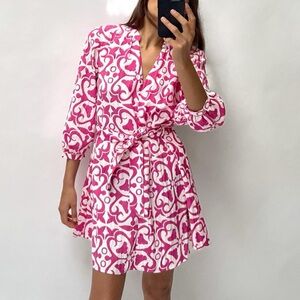 Zara Dress Pink White Print Belted Mini Size XL